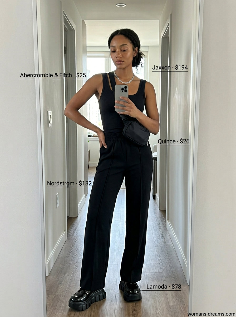 Olive green wide leg pants outfit 2026: cargo pants, black crop top, platform sneakers, utility belt bag, silver chain.