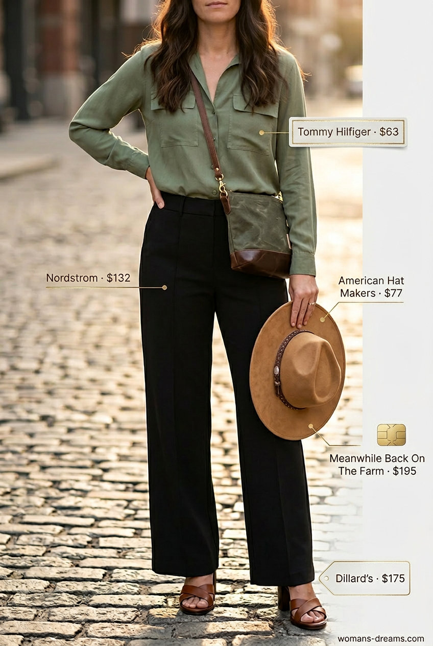 Chic beige summer palazzo wide leg pants outfits 2026 with utility blouse and fedora.