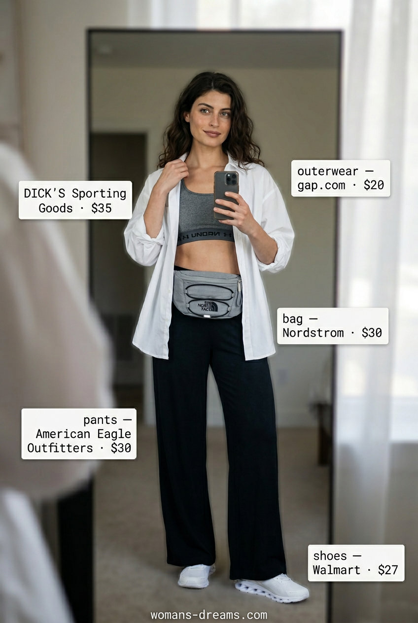 Sporty grey summer palazzo wide leg pants outfits 2026 with oversized shirt and sneakers.