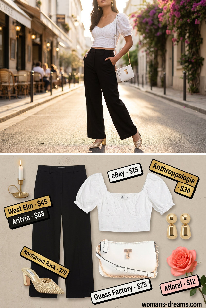 Coral wide leg palazzo pants outfit for summer date nights, with eyelet blouse and heeled mules.
