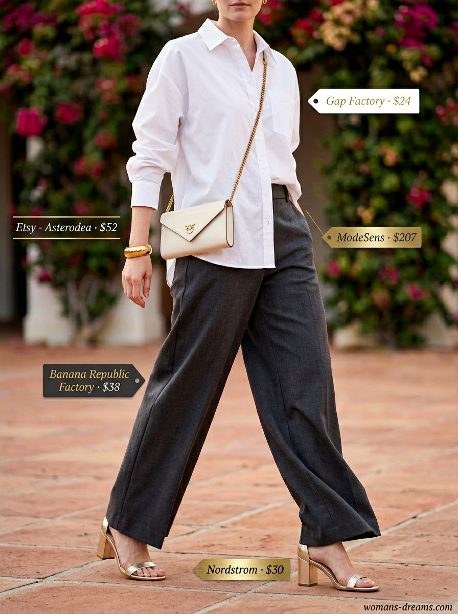 Vibrant coral summer palazzo wide leg pants outfits 2026 with crisp shirt and gold sandals.