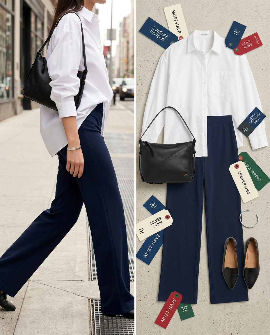 Chic navy summer palazzo wide leg pants outfits 2026 with white shirt, loafers, and silver cuff.