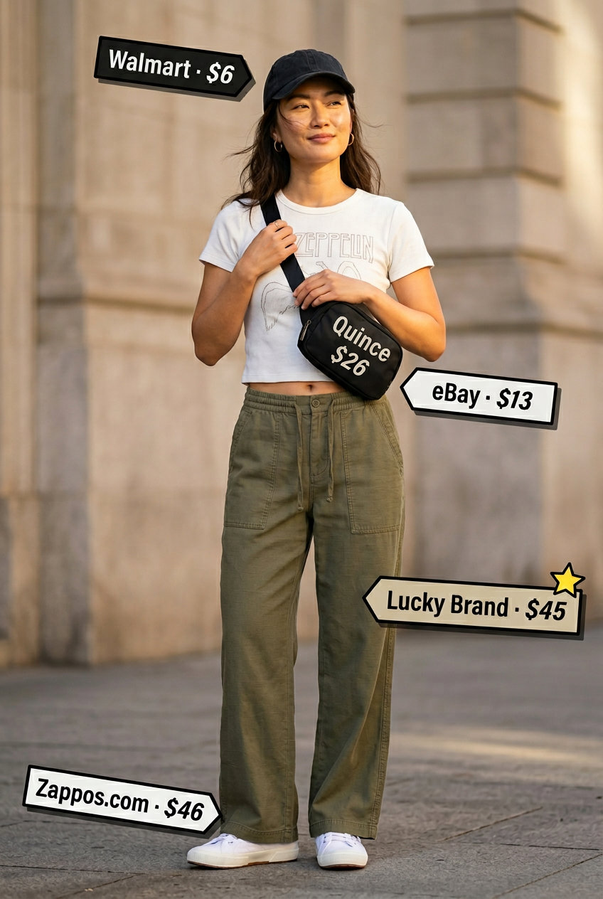 Casual olive green summer palazzo wide leg pants outfits 2026 with graphic tee, sneakers, and cap.