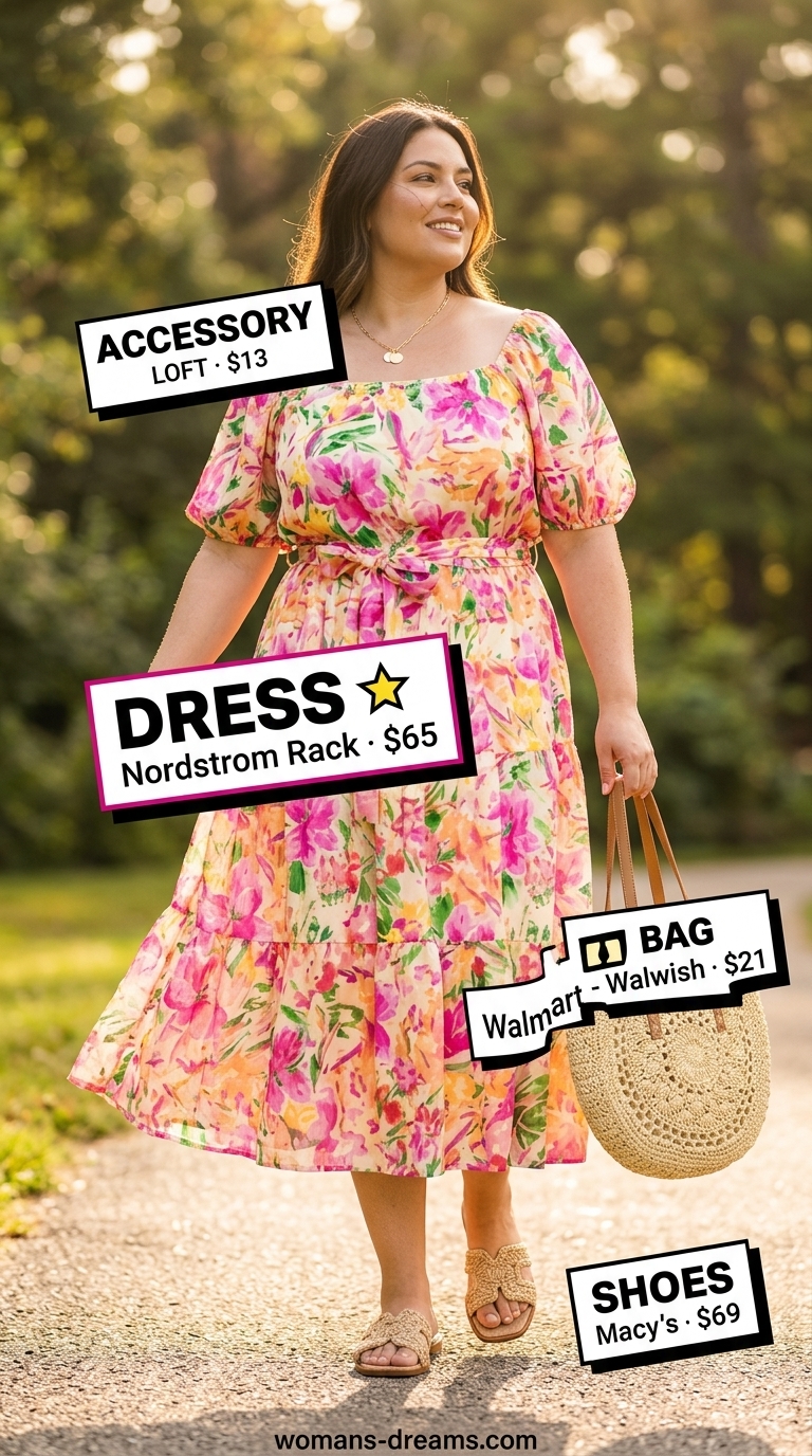 Bohemian maxi dress for summer picnic outfits for women 2026. Multi-floral print, cream, straw sandals & tote.