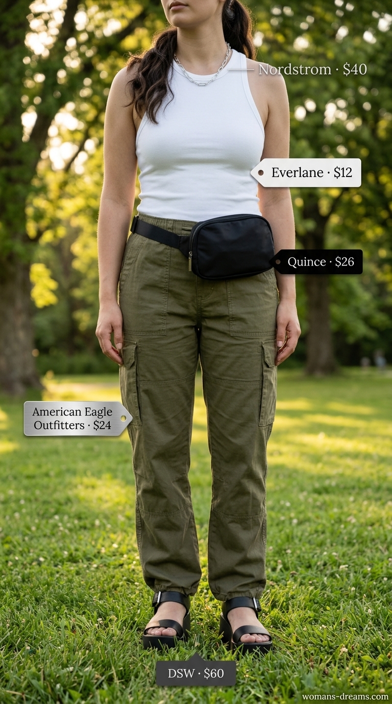 Sage green cargo pants, white tank, and black sandals for summer picnic outfits for women 2026. Cool & casual.