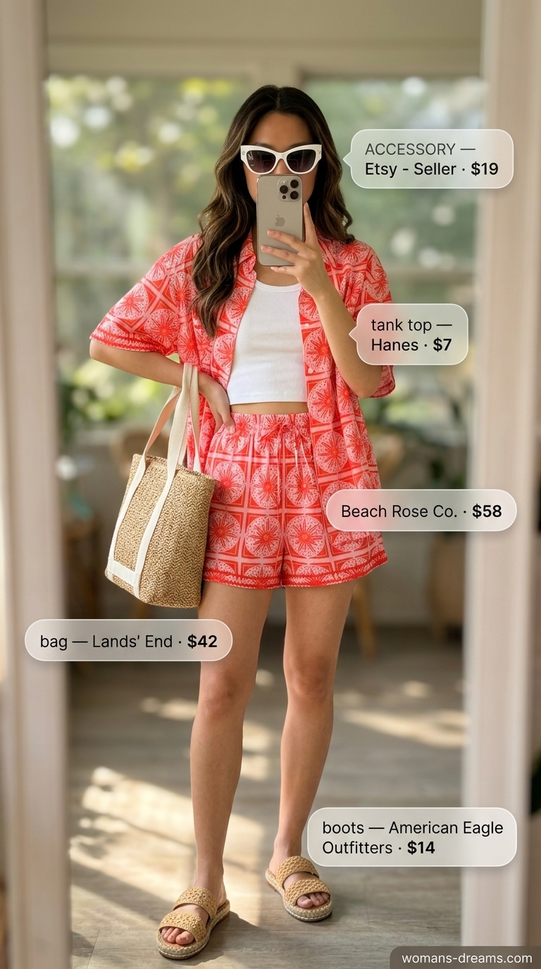 Coral abstract print matching set outfit for summer picnic in the park for women 2026. Vibrant, playful, cheerful beach day style.