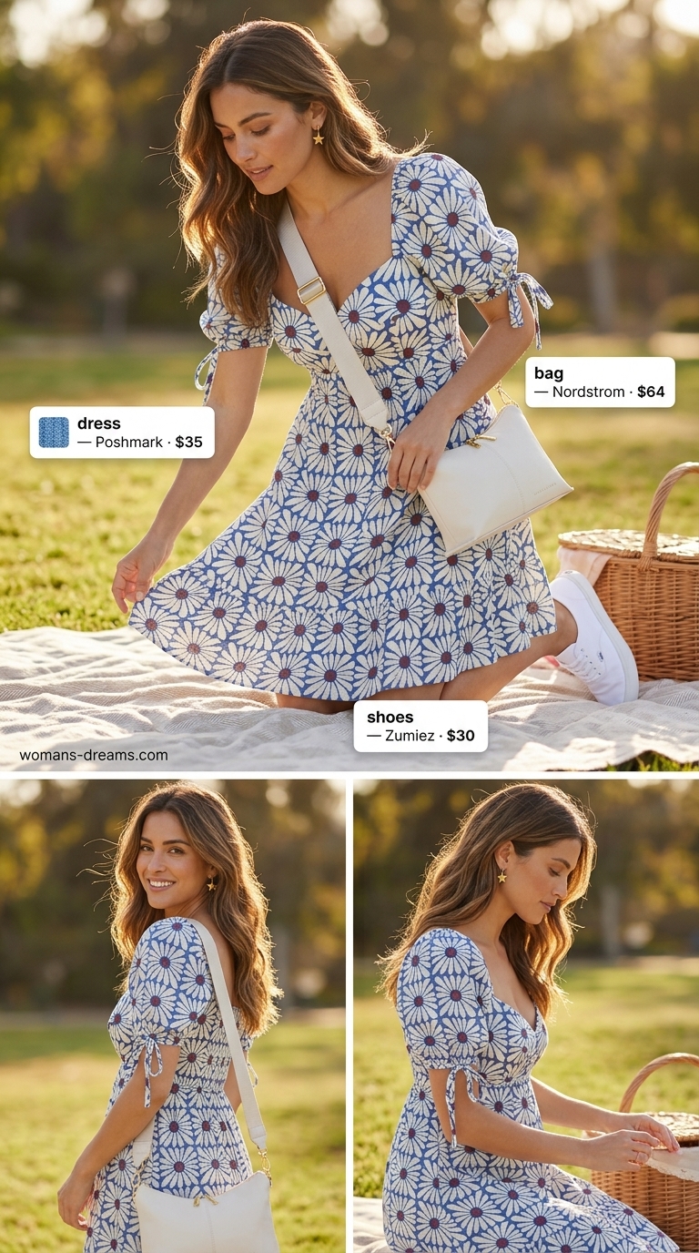 Pastel blue daisy print mini dress, white sneakers, and canvas bag for summer picnic outfits for women 2026.
