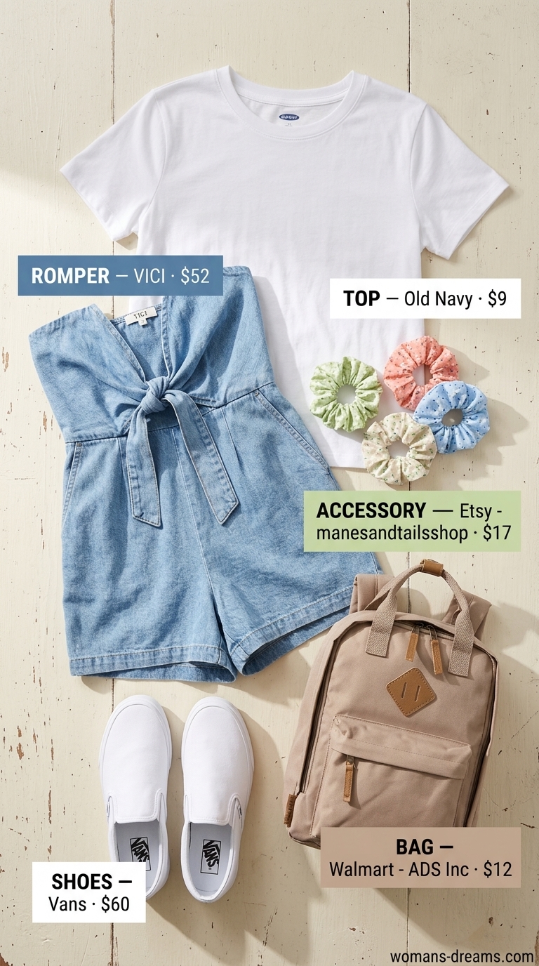 Light wash denim romper, straw hat, and espadrilles for summer picnic outfits for women 2026.