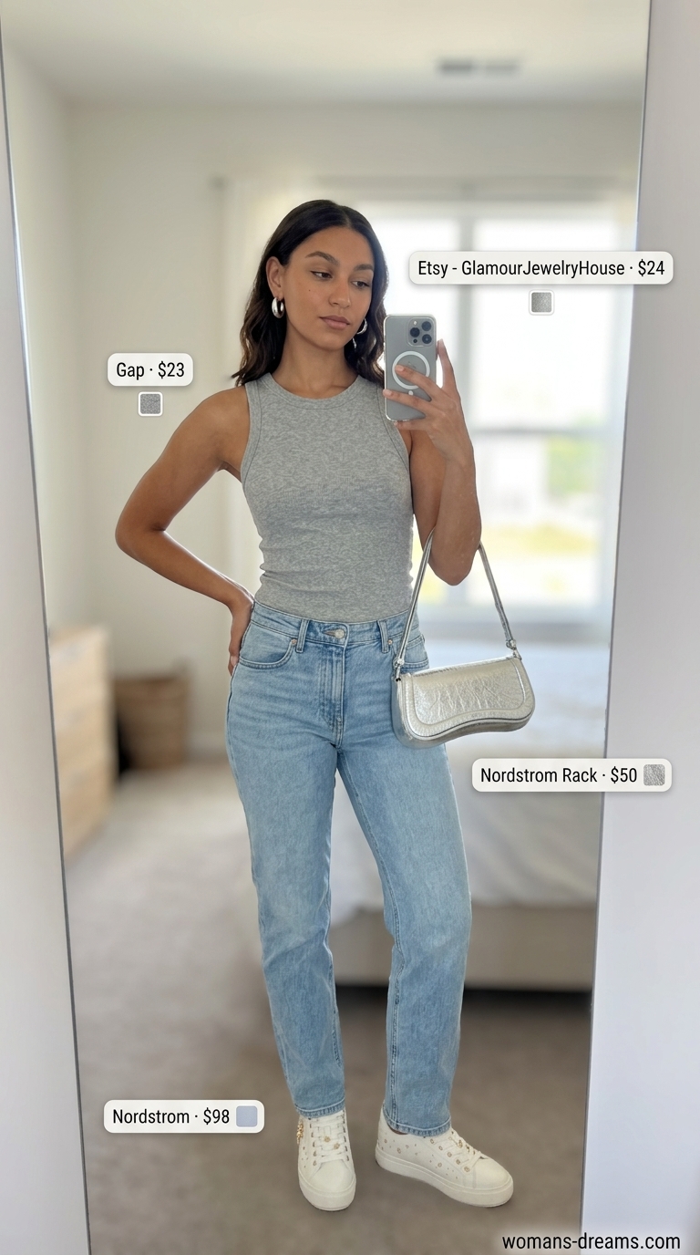 Denim midi skirt outfit for summer picnic in the park for women 2026. Light wash denim skirt, grey tee, silver bag & sneakers.