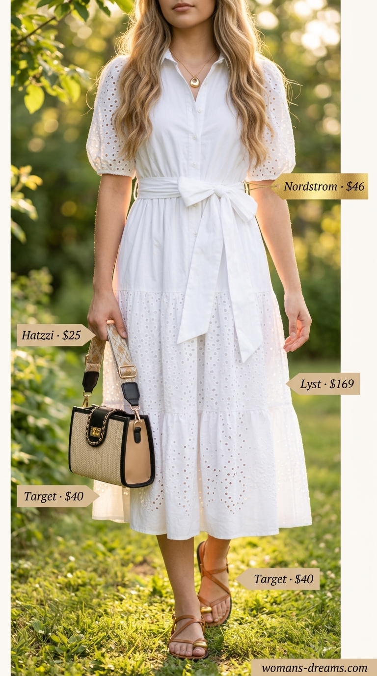 White eyelet dress for summer picnic outfits for women 2026. Straw hat, tan sandals, woven bag.