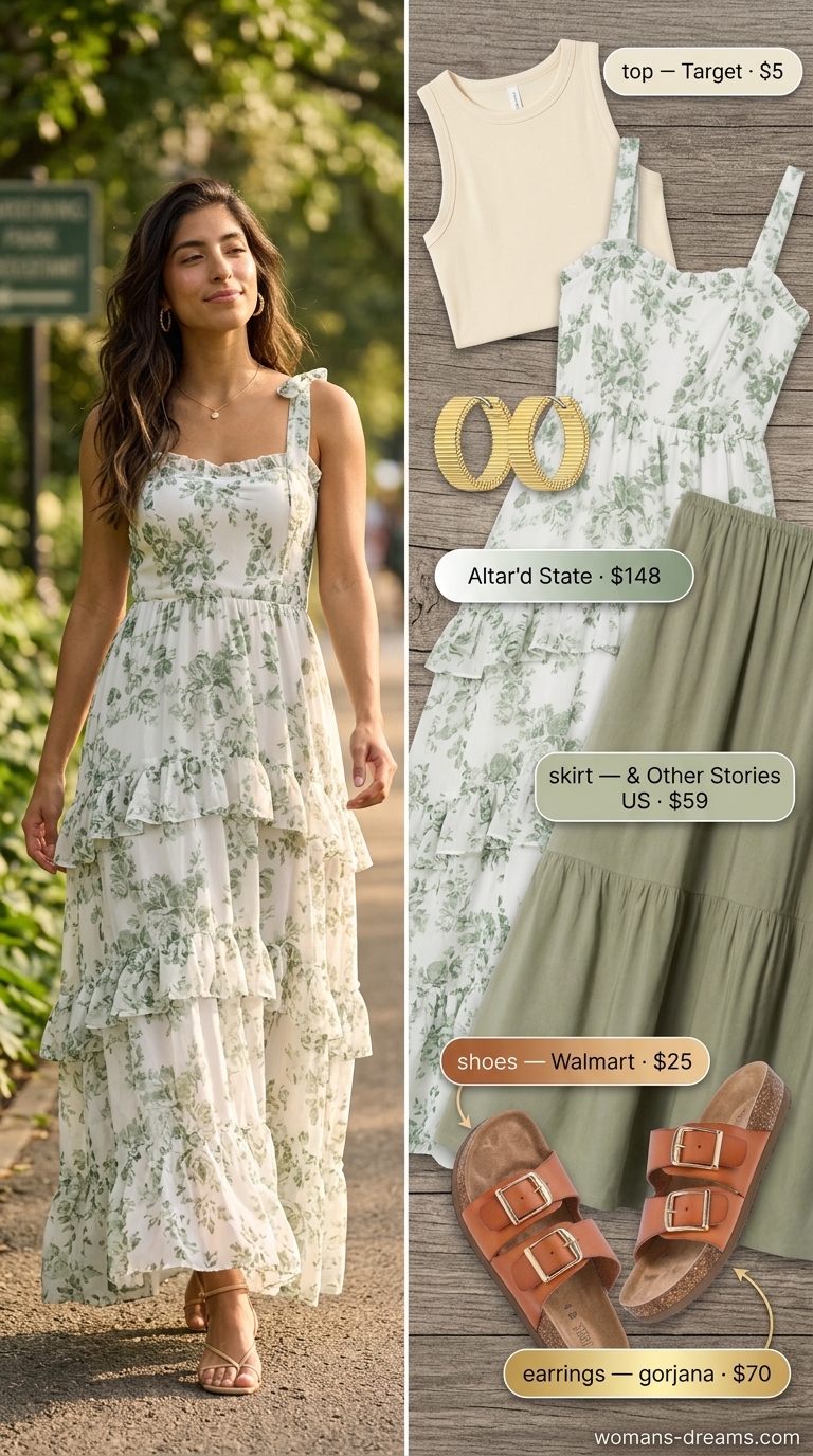 Floral maxi dress outfit for summer picnic in the park for women 2026. Romantic, effortless, earthy outdoor gathering style.