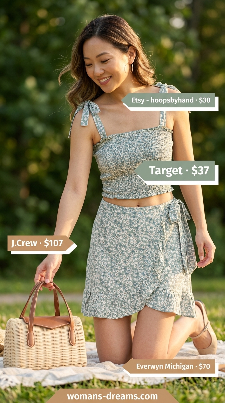 Green floral matching set outfit for summer picnic in the park for women 2026. Chic, cohesive, sophisticated garden event style.