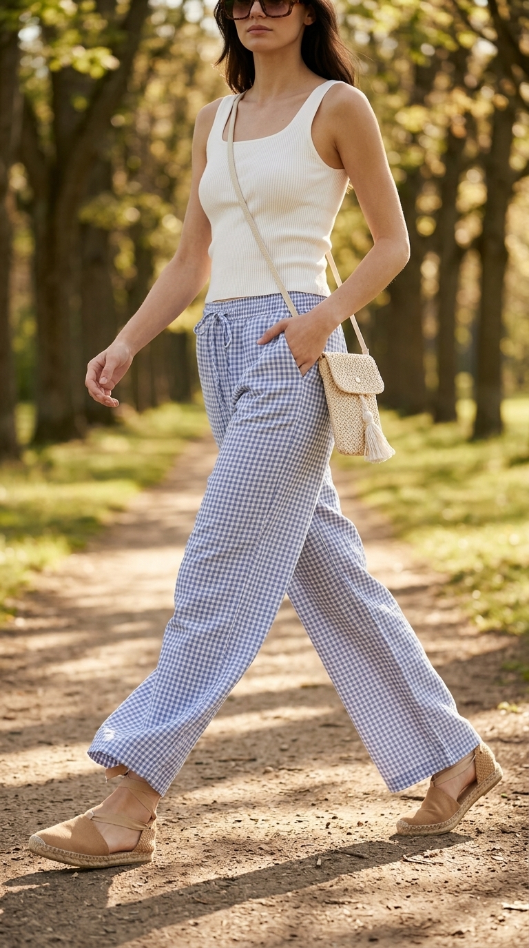 Gingham pants outfit for summer picnic outfits for women 2026. White tank, espadrilles, straw bag.
