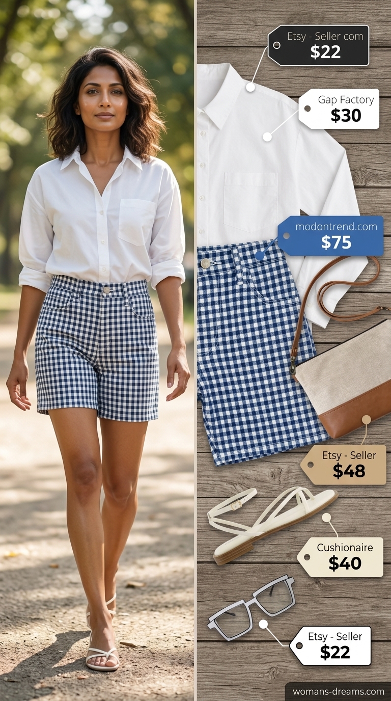 Gingham shorts outfit for summer picnic in the park for women 2026. Fresh, charming, classic casual brunch style.