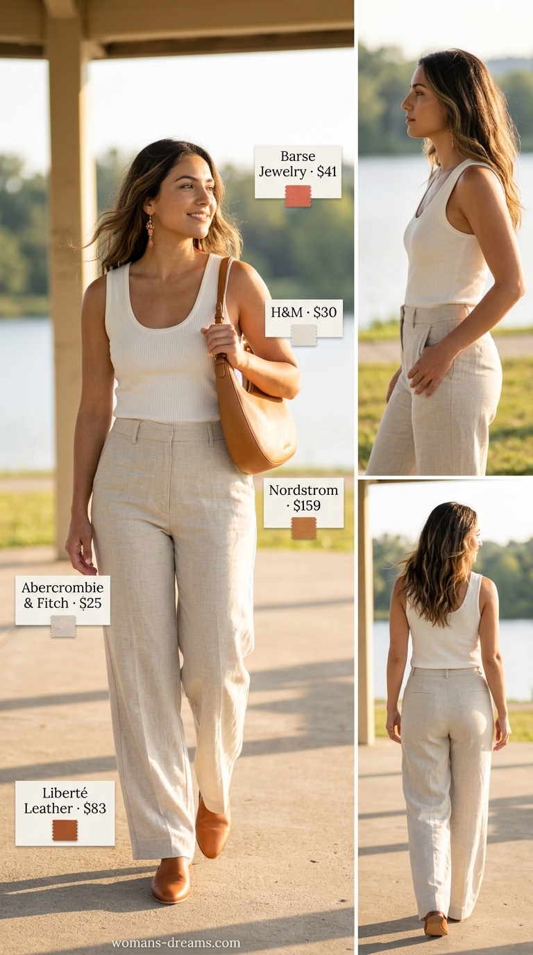 Beige linen trousers, off-white knit top, and coral sandals for summer picnic outfits for women 2026.