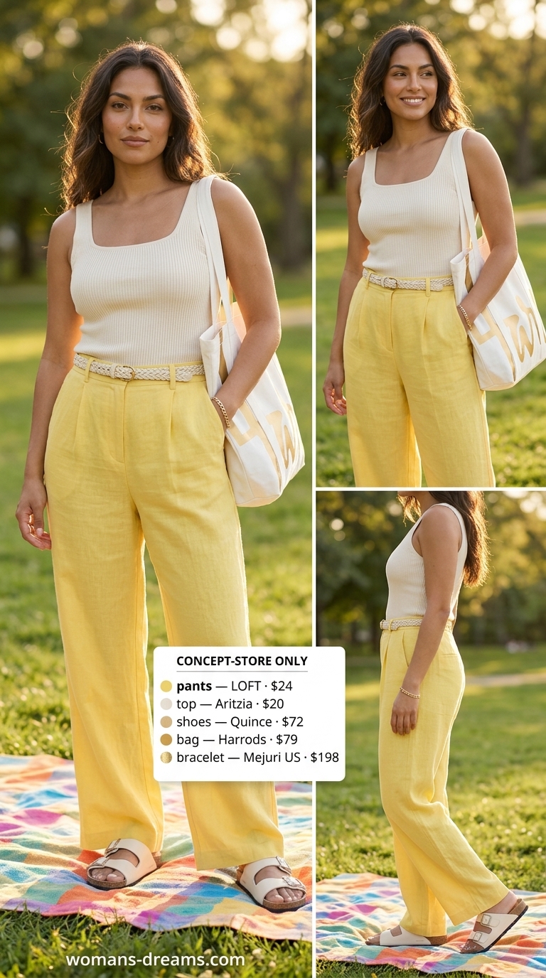 Lemon yellow linen pants outfit for summer picnic in the park for women 2026. Vibrant, relaxed, chic outdoor brunch style.
