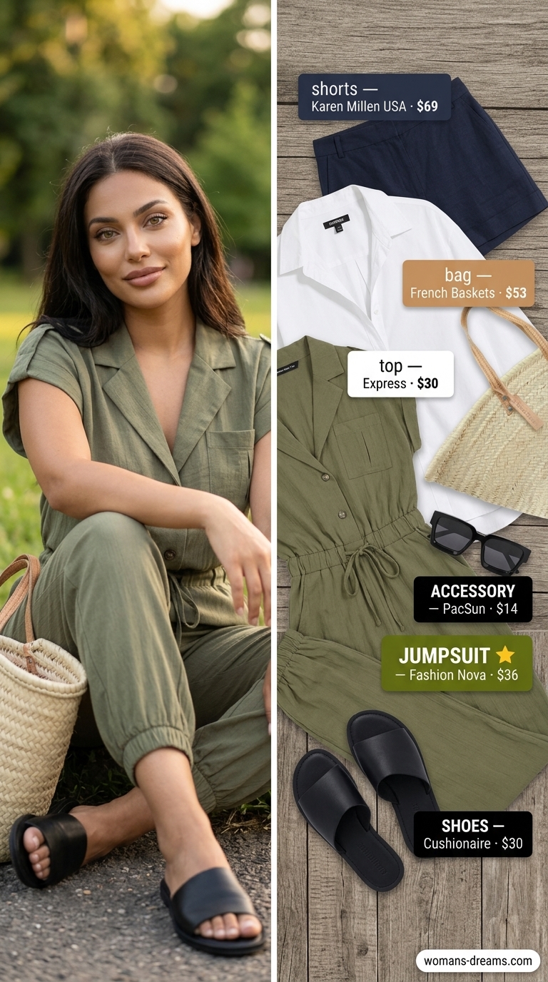 Olive green utility jumpsuit outfit for summer picnic in the park for women 2026. Modern, practical, effortless casual day out style.