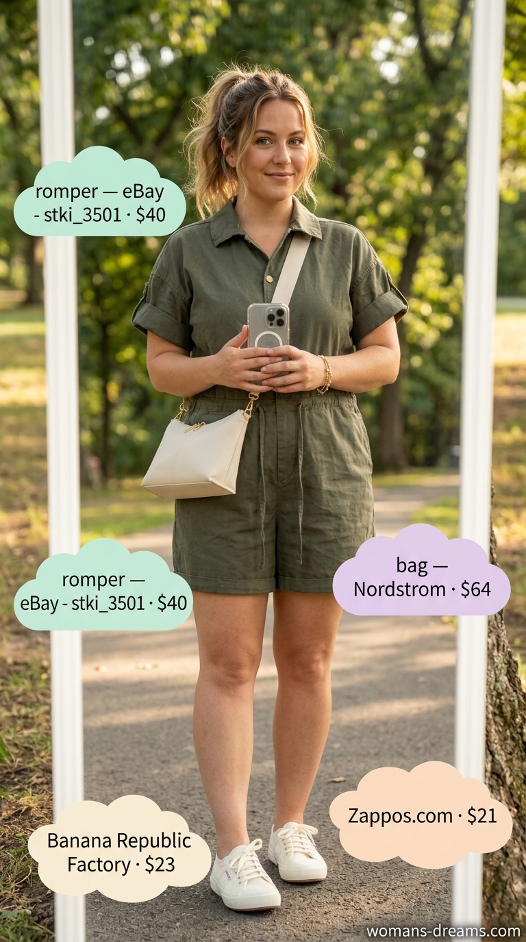 Olive green utility romper outfit for summer picnic in the park for women 2026. Relaxed, practical, and cute day trip style.