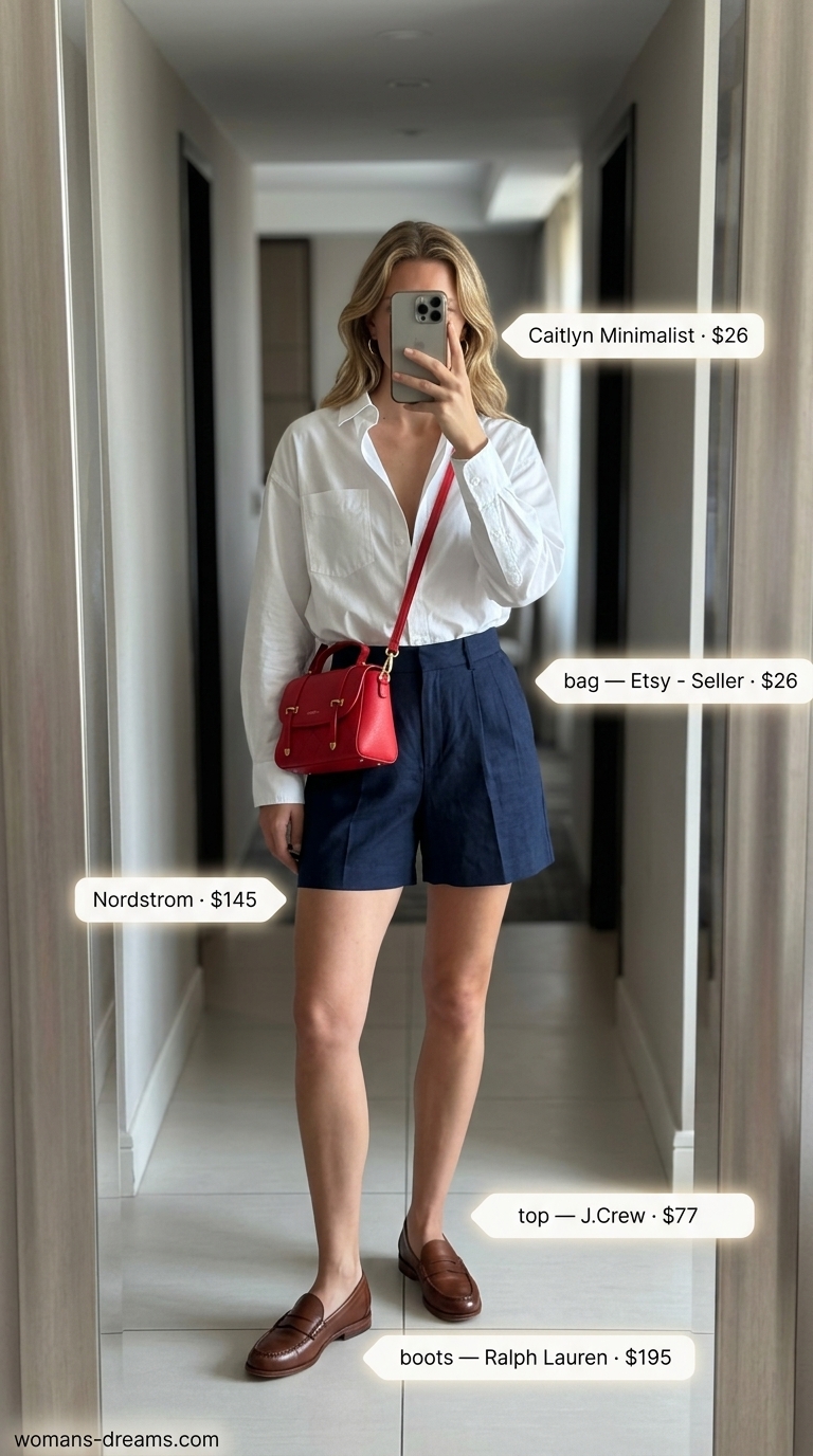 Preppy shorts outfit for summer picnic outfits for women 2026. White shirt, navy shorts, loafers.