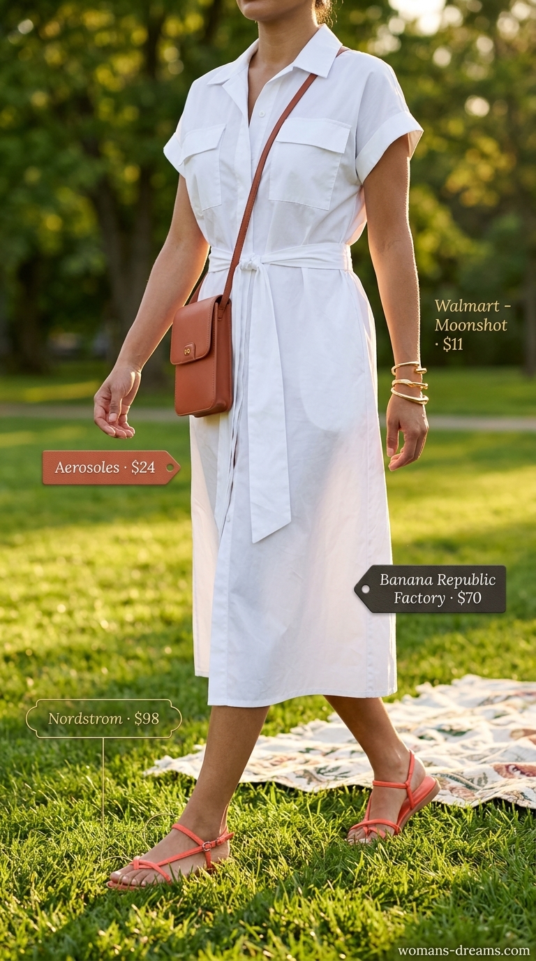 White shirtdress outfit for summer picnic outfits for women 2026. Terracotta sandals, tan bag.