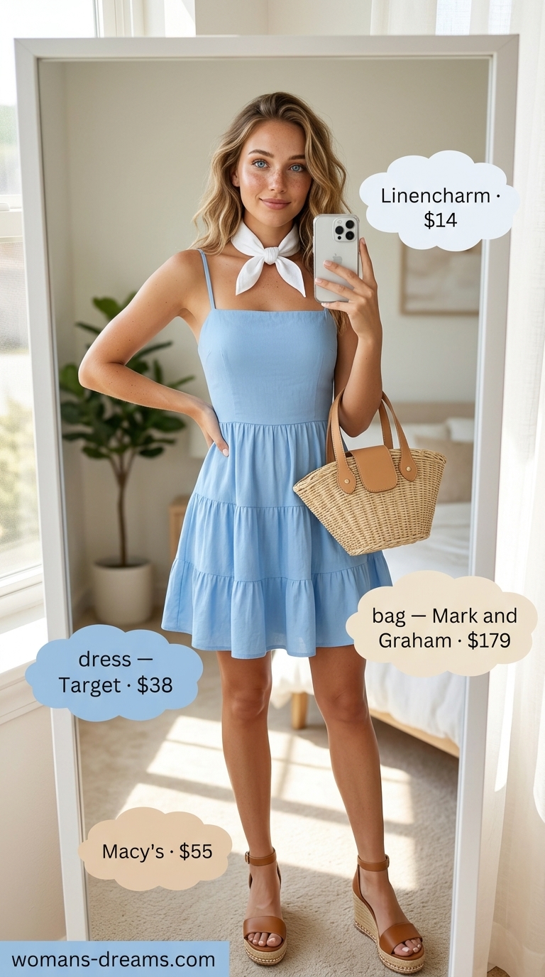 Sky blue sundress, wicker bag, and espadrille wedges for summer picnic outfits for women 2026.