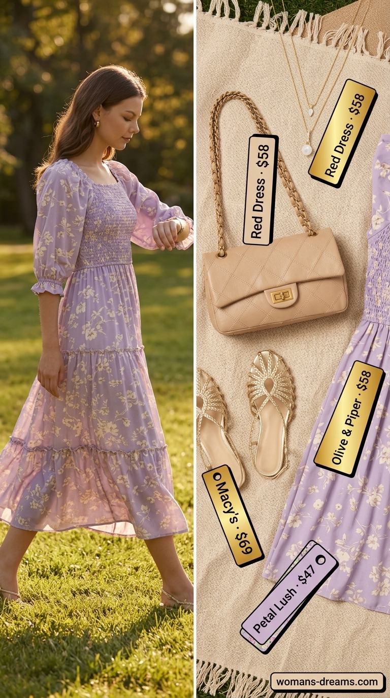 Lavender floral dress for summer picnic outfits for women 2026. Gold necklaces, metallic sandals, shoulder bag.