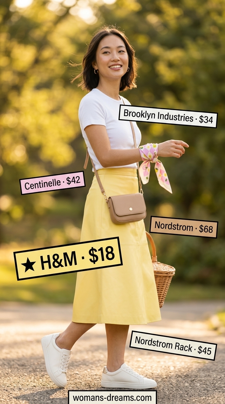 Sweet yellow skirt outfit for summer picnic outfits for women 2026. White knit top, mini skirt, bandana.