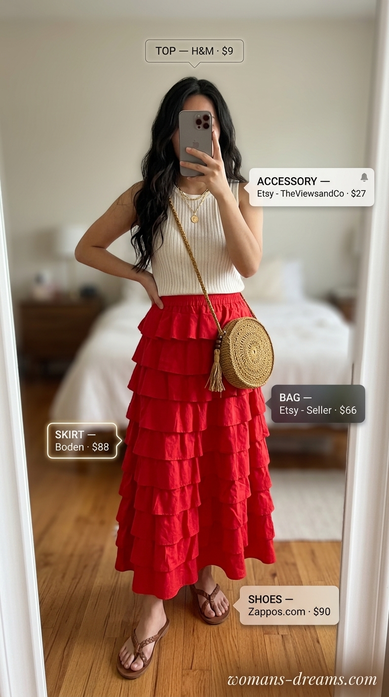 Terracotta maxi skirt, ivory knit top, and leather sandals for summer picnic outfits for women 2026.