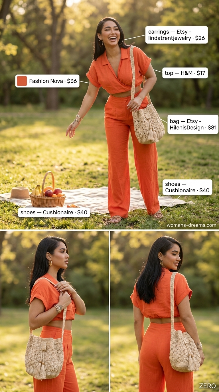 Terracotta linen set, denim shorts, and strappy sandals for summer picnic outfits for women 2026.