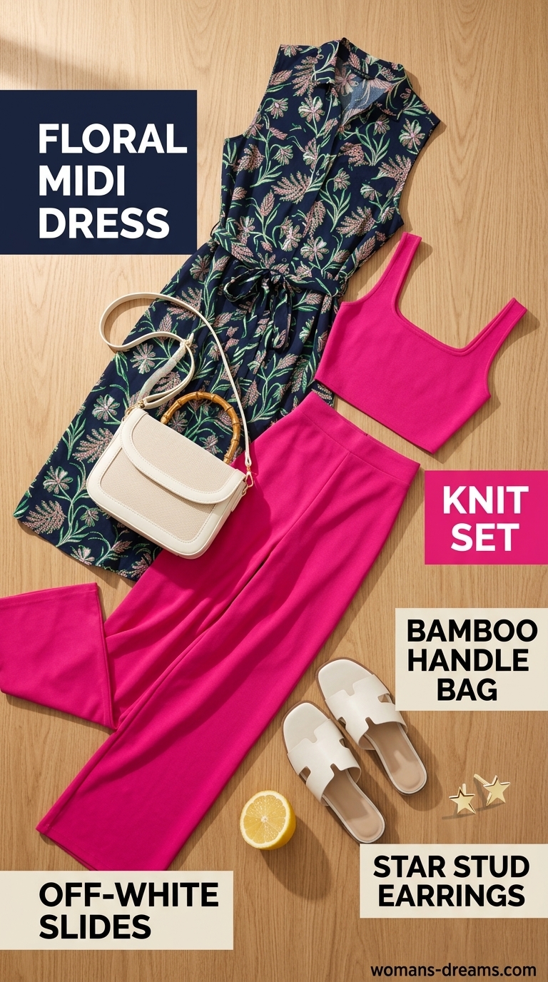 Tropical floral midi shirt dress outfit for summer picnic in the park for women 2026. Sophisticated and vibrant garden party style.