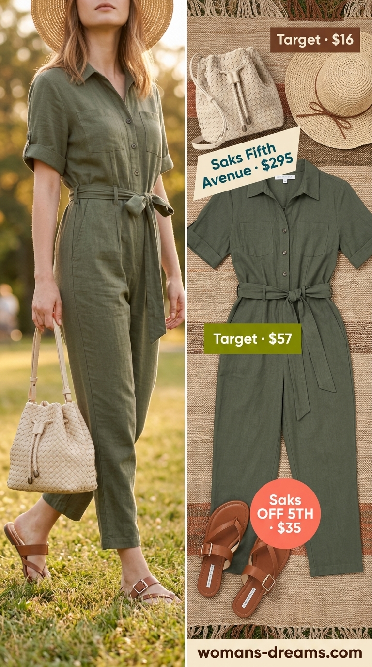 Olive green utility jumpsuit, straw hat, and brown sandals for summer picnic outfits for women 2026.