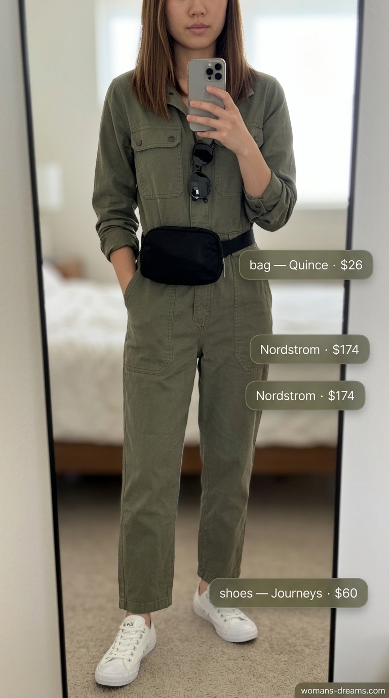 Khaki utility jumpsuit, white sneakers, and black belt bag for summer picnic outfits for women 2026.