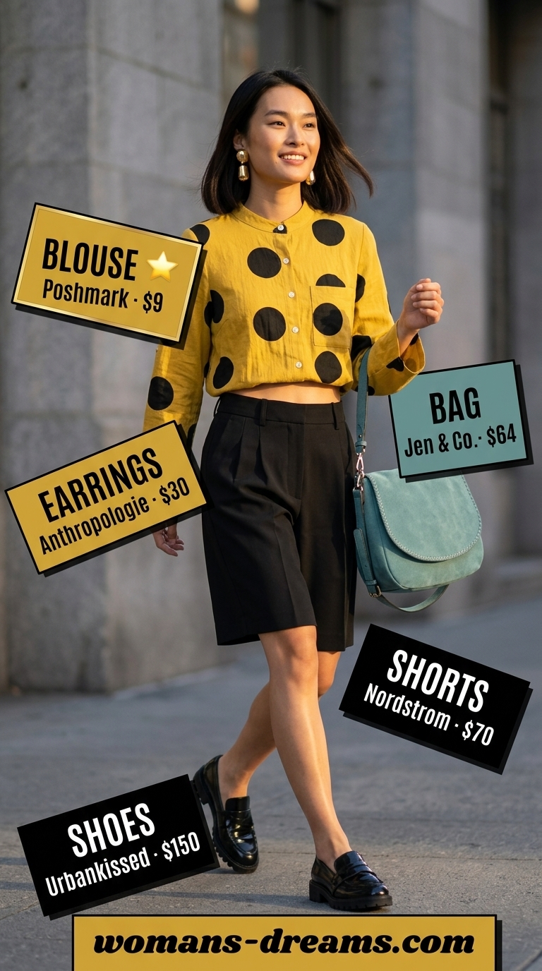 Playful summer polka dots blouse outfits 2026: Mustard yellow polka dot blouse with black shorts for cafe.