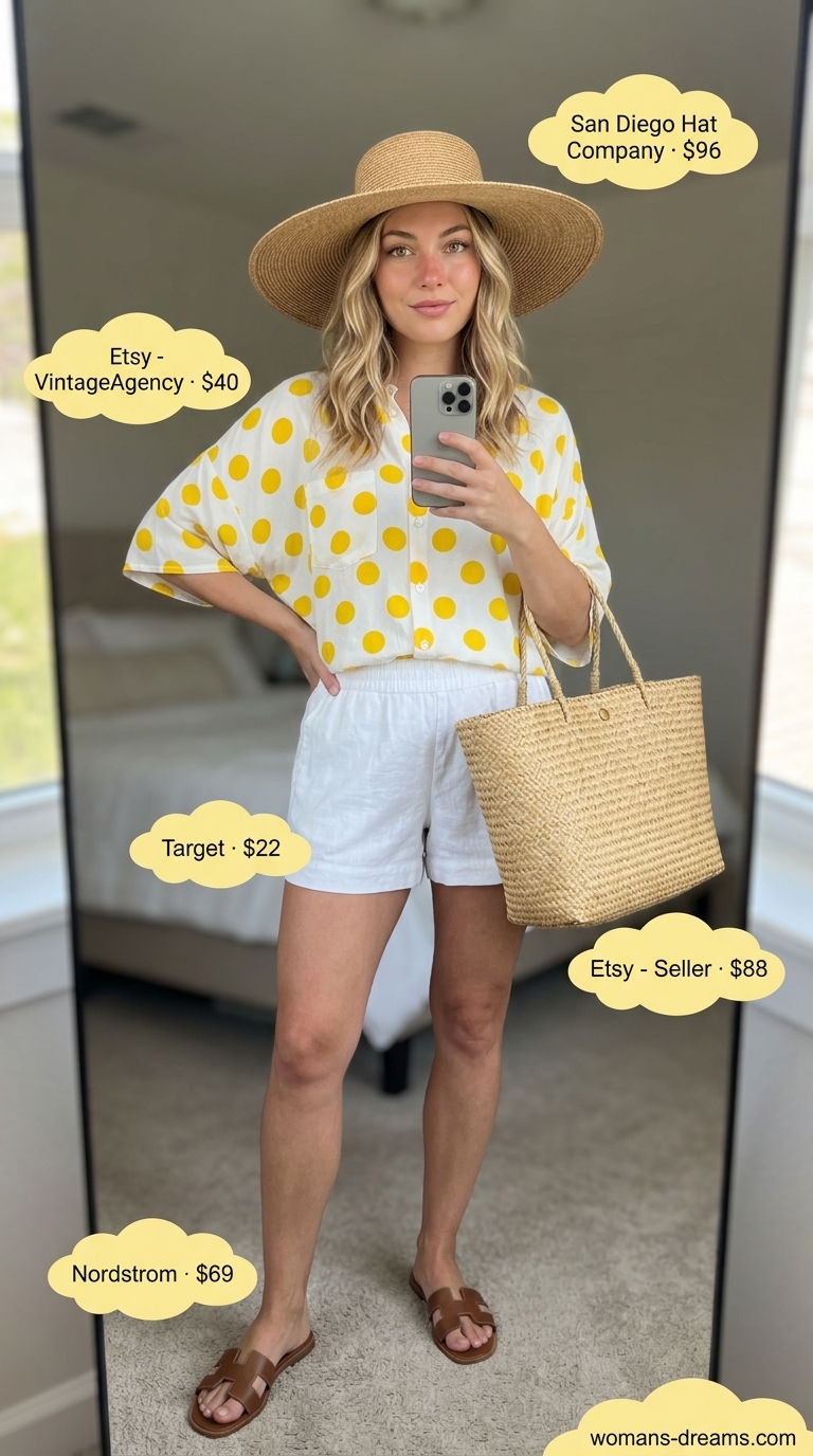 Yellow polka dot blouse with white linen shorts, straw hat, and tote for a breezy beach day outfit 2026.