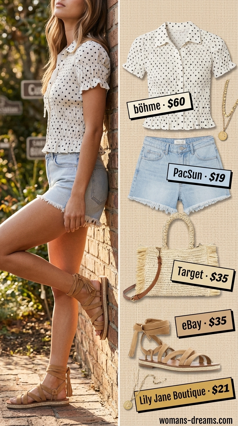 Summer polka dots blouse outfits 2026: Cream peasant blouse with black dots, denim shorts, and espadrilles for garden brunch.