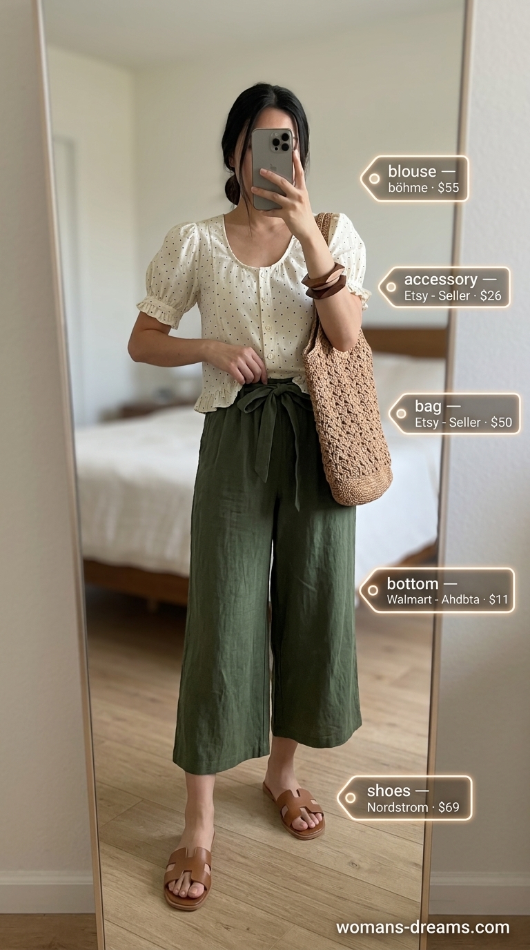 Summer polka dots blouse outfits 2026: Cream peasant blouse with tan dots, linen culottes, and raffia tote for festival.