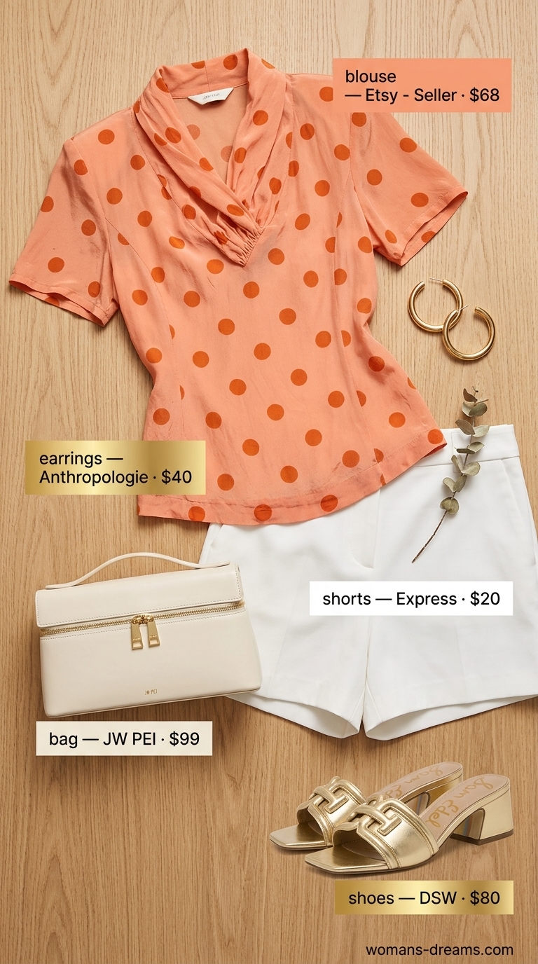 Bold summer polka dots blouse outfits 2026: Orange polka dot blouse with white shorts for summer party.
