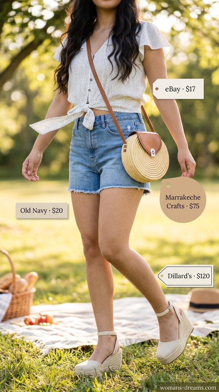 White black polka dot blouse with denim shorts and espadrilles for picnic 2026.