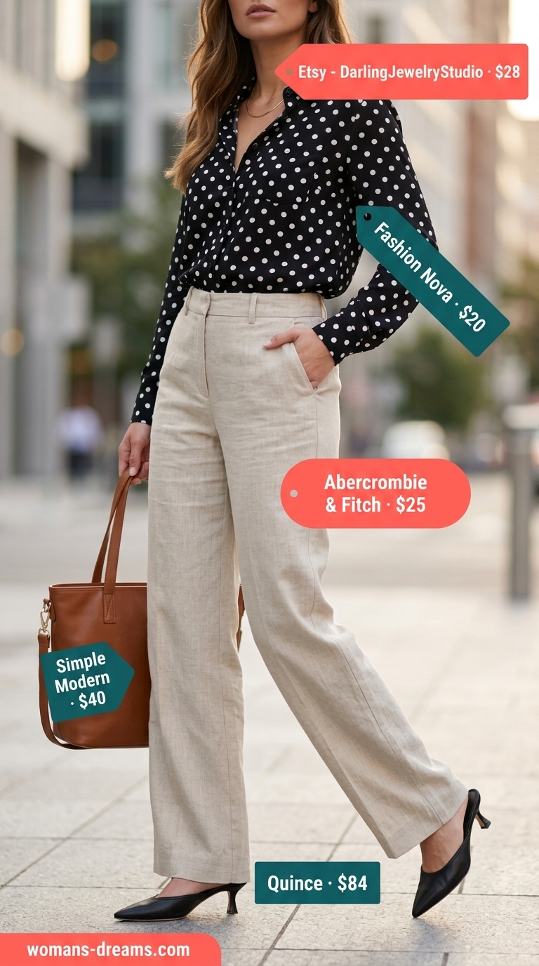 Summer polka dots blouse outfits 2026: Black blouse with white dots, linen trousers, and mules for city commute.