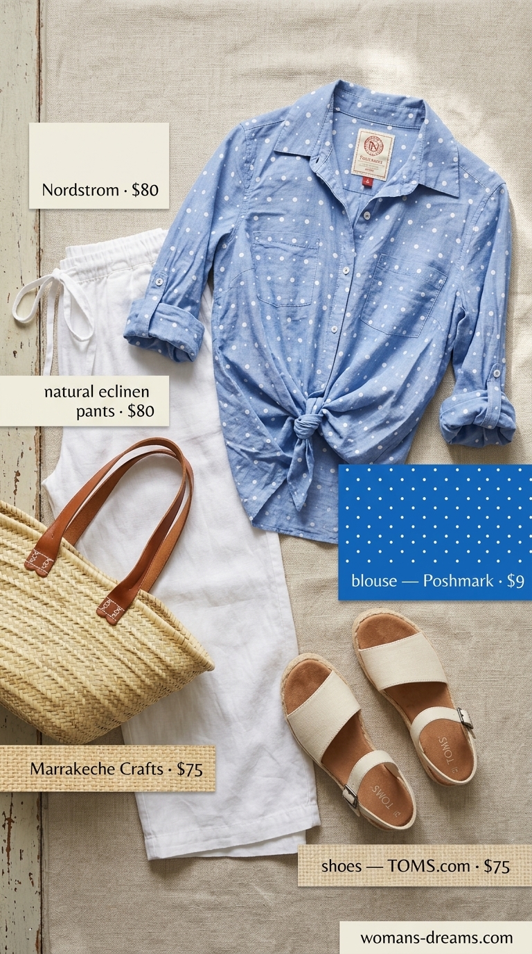 Summer polka dots blouse outfits 2026: Blue polka dot blouse, white linen pants, and espadrilles for coastal vibes.