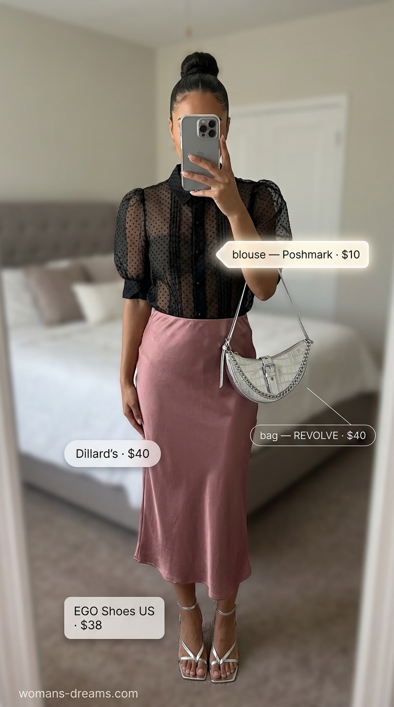 Summer polka dots blouse outfits 2026: Sheer black blouse with white dots, pink satin skirt, and heeled sandals for date night.