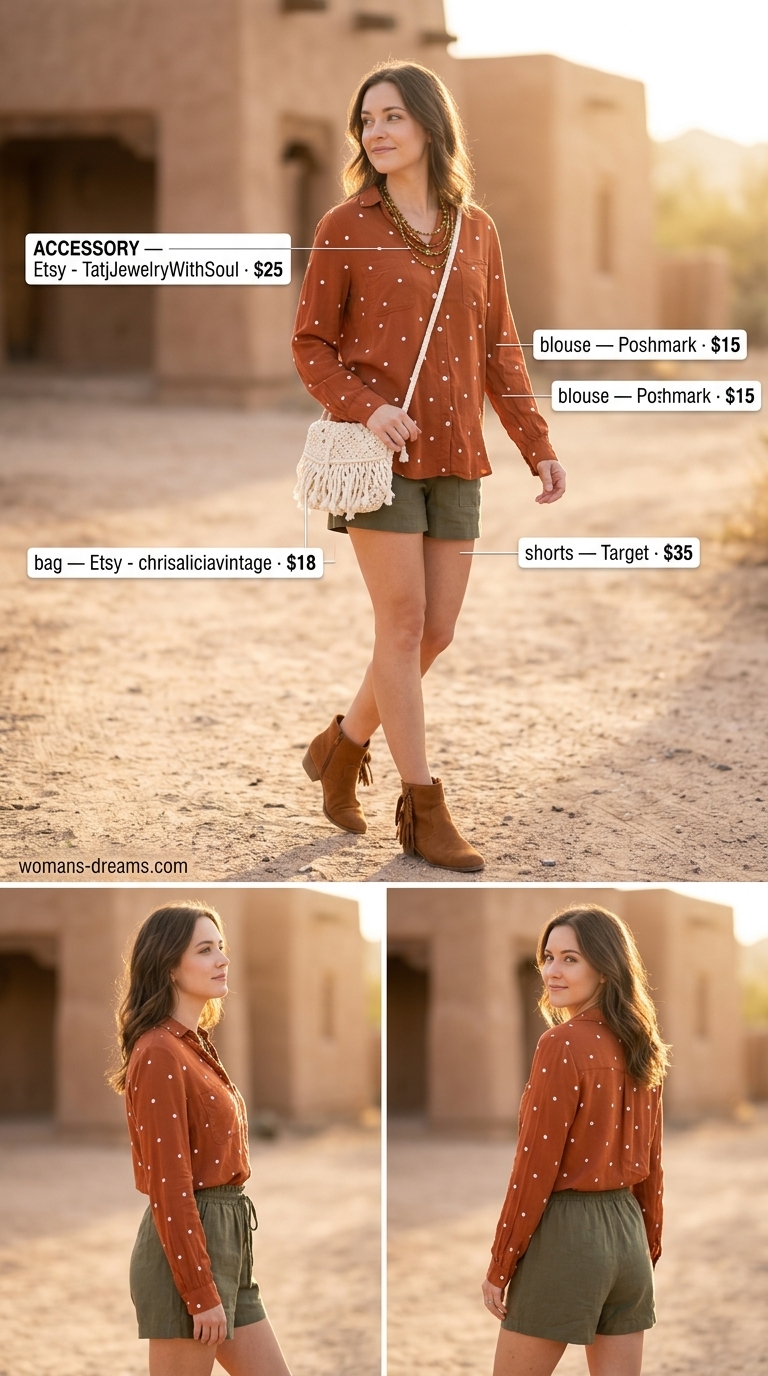 Bohemian rust polka dot blouse with olive shorts and suede boots for a festival vibe 2026.