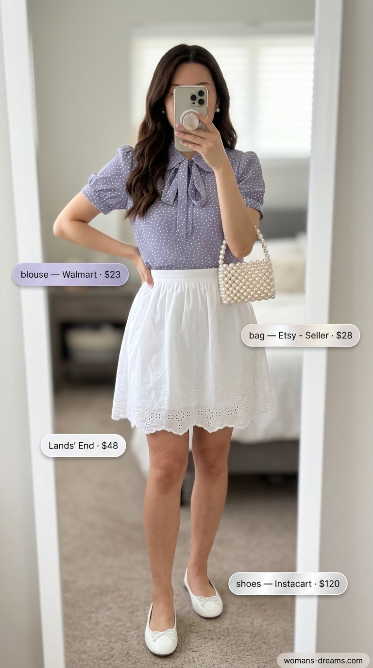 Summer polka dots blouse outfits 2026: Lavender blouse with white dots, white eyelet skirt, and ballet flats for garden party.