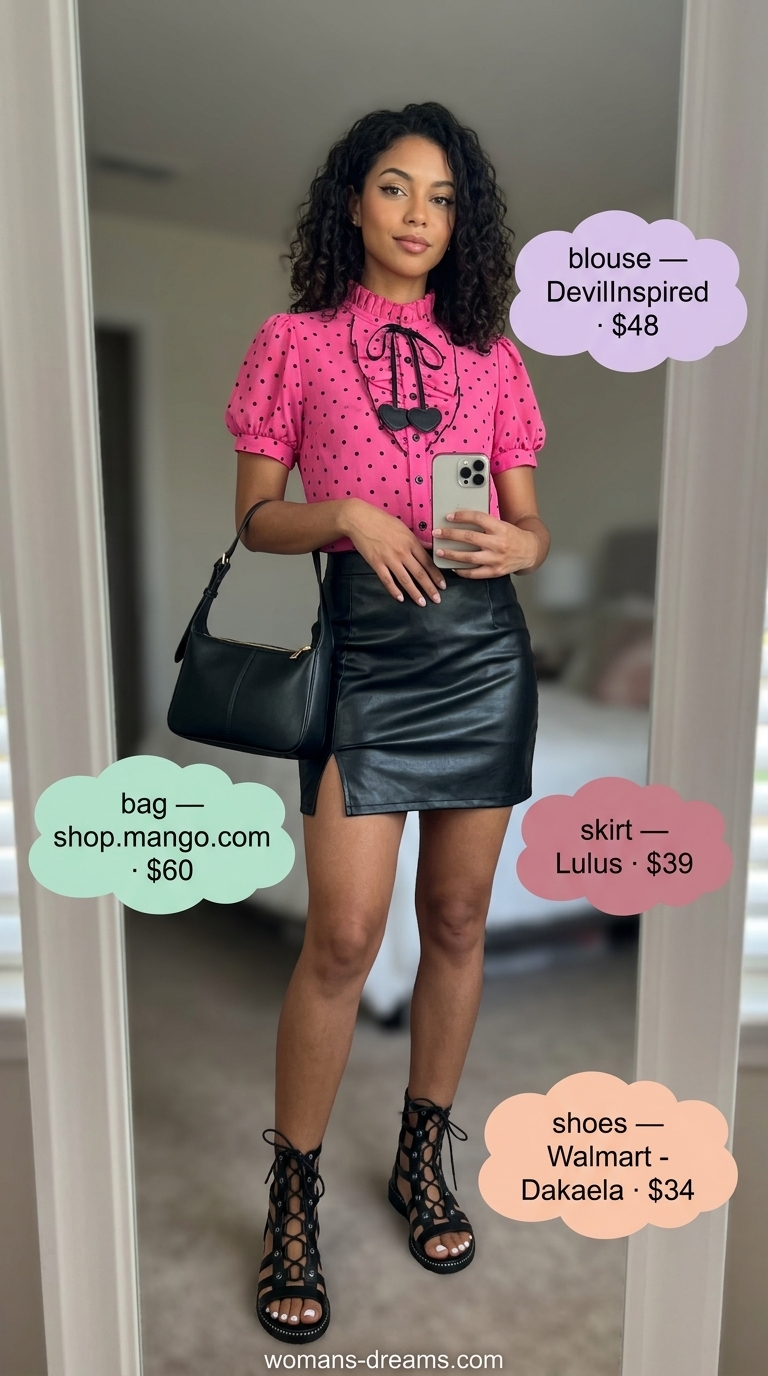 Hot pink polka dot blouse with black vegan leather skirt for happy hour 2026.