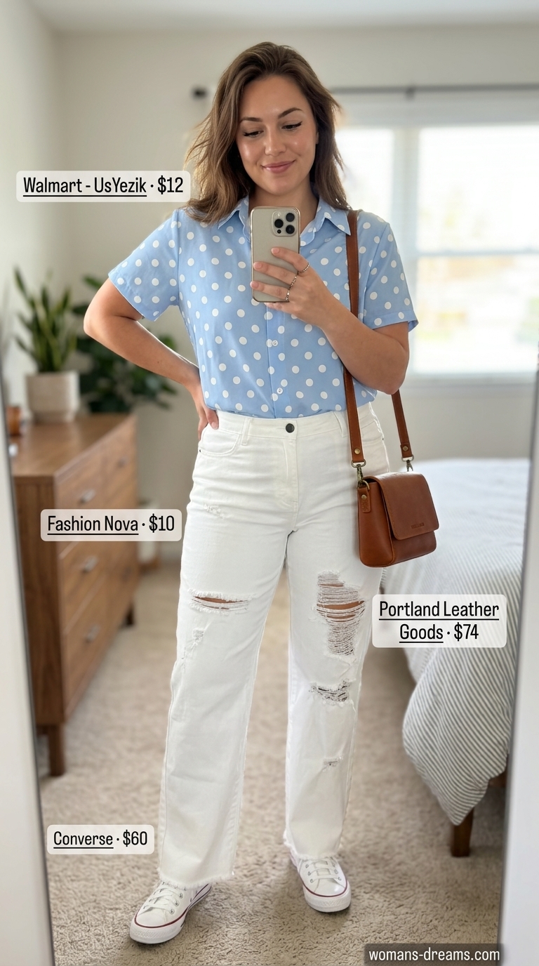 Casual summer polka dots blouse outfits 2026: Light blue polka dot blouse with white jeans for city stroll.