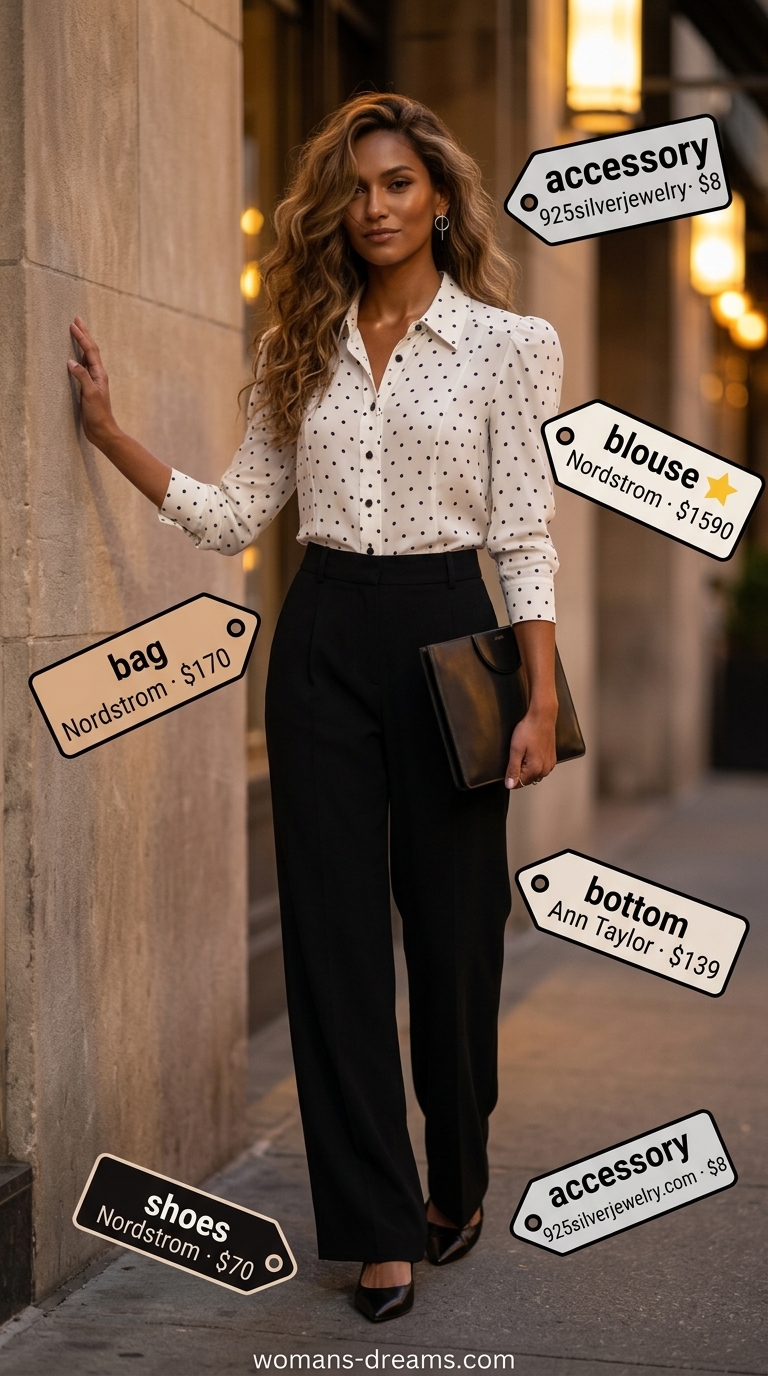 Sophisticated summer polka dots blouse outfits 2026: White grey polka dot blouse with black trousers for dinner.