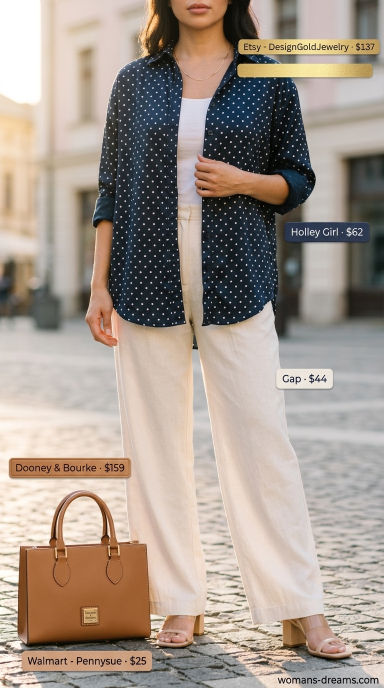 Summer polka dots blouse outfits 2026: Navy silk blouse with white dots, white trousers, and block heels for office.