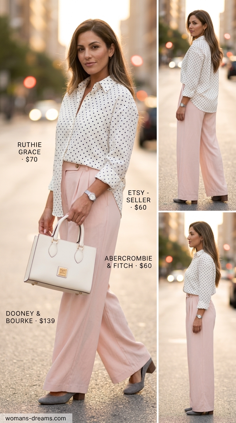 Grey polka dot blouse with blush pink trousers for polished summer office 2026.