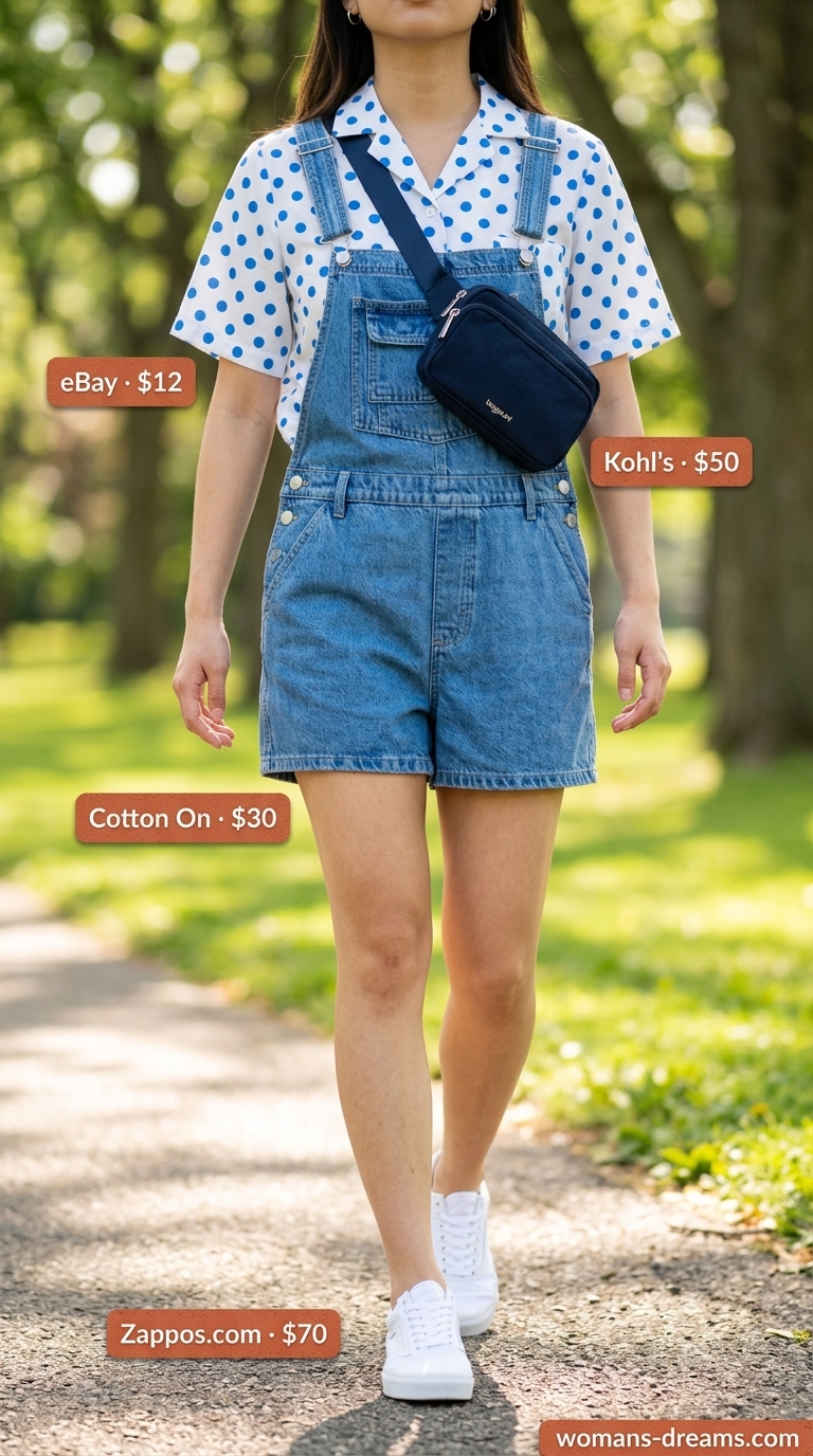 Summer polka dots blouse outfits 2026: White utility blouse with electric blue dots, denim shorts, and belt bag for a park day.