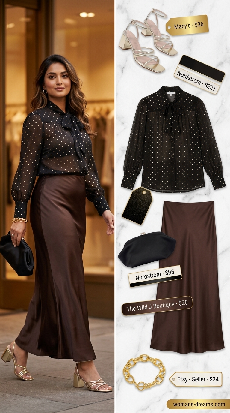 Black gold polka dot blouse with satin maxi skirt for resort evening glamour 2026.